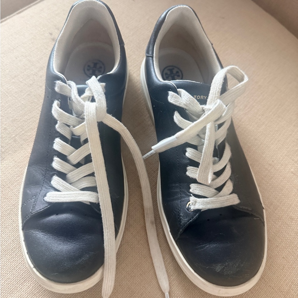 Tory Burch Black Leather Low-Top Sneakers with White Laces